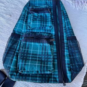 Thirty-One Teal and Black Plaid Sling Bag